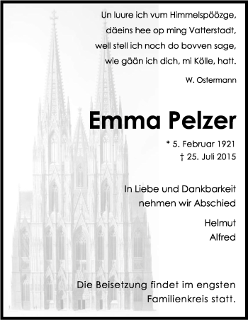 Anzeige von Emma Pelzer von Kölner Stadt-Anzeiger / Kölnische Rundschau / Express