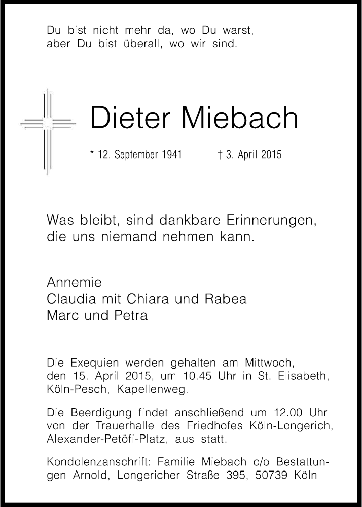  Traueranzeige für Dieter Miebach vom 11.04.2015 aus Kölner Stadt-Anzeiger / Kölnische Rundschau / Express