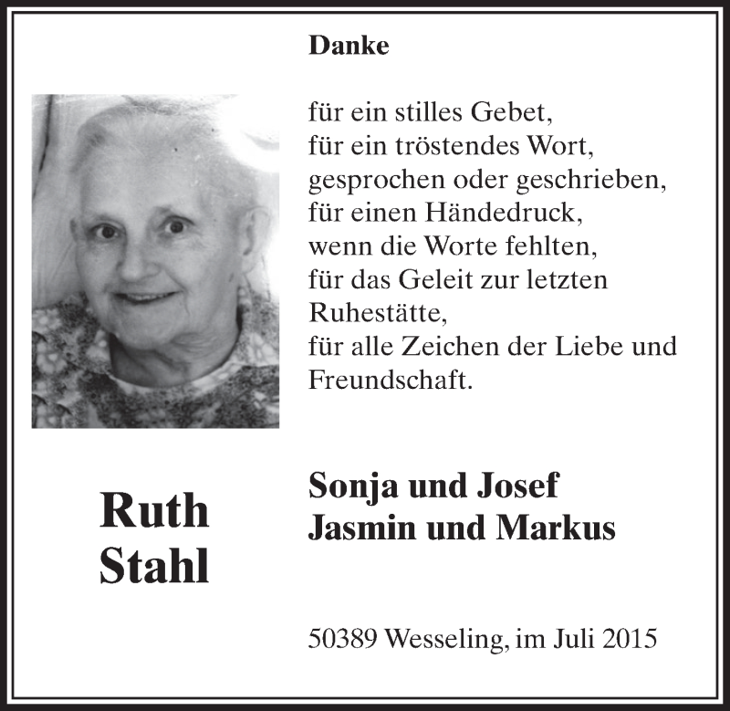  Traueranzeige für Ruth Stahl vom 22.07.2015 aus  Schlossbote/Werbekurier 