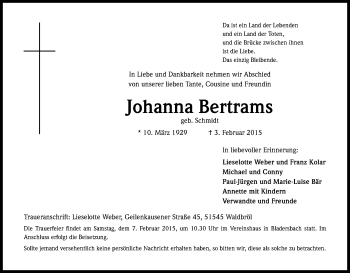 Anzeige von Johanna Bertrams von Kölner Stadt-Anzeiger / Kölnische Rundschau / Express