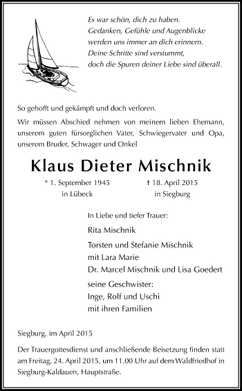 Anzeige von Klaus Dieter Mischnik von Kölner Stadt-Anzeiger / Kölnische Rundschau / Express