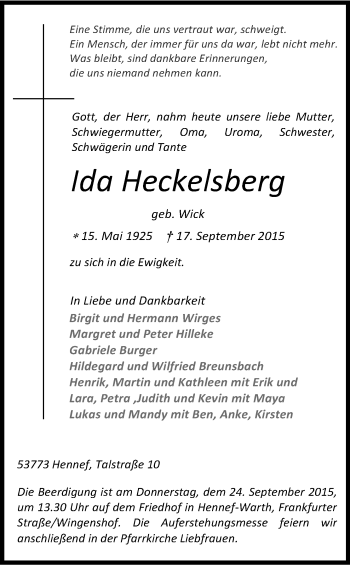 Anzeige von Ida Heckeisberg von Kölner Stadt-Anzeiger / Kölnische Rundschau / Express