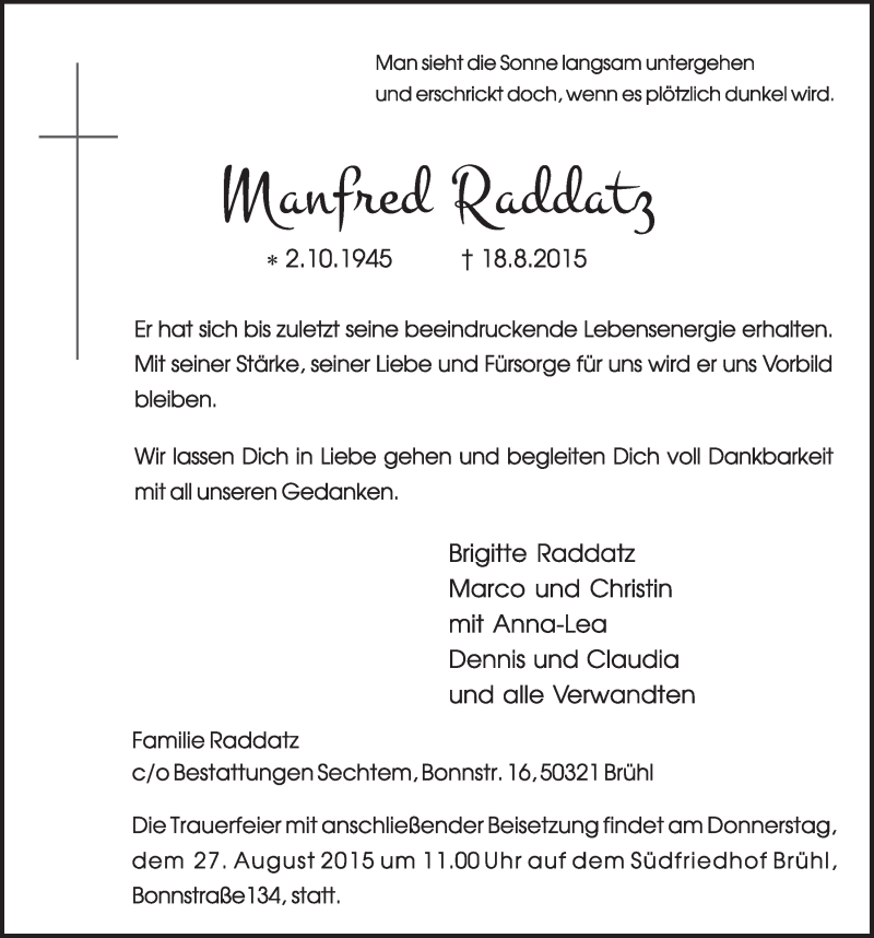  Traueranzeige für Manfred Raddatz vom 26.08.2015 aus  Schlossbote/Werbekurier 