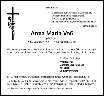Anzeige von Anna Maria Voß von Kölner Stadt-Anzeiger / Kölnische Rundschau / Express