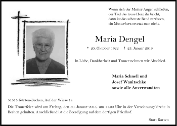 Anzeige von Maria Dengel von Kölner Stadt-Anzeiger / Kölnische Rundschau / Express