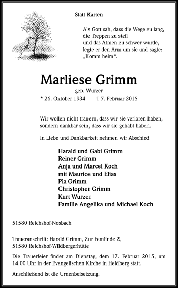 Anzeige von Marliese Grimm von Kölner Stadt-Anzeiger / Kölnische Rundschau / Express