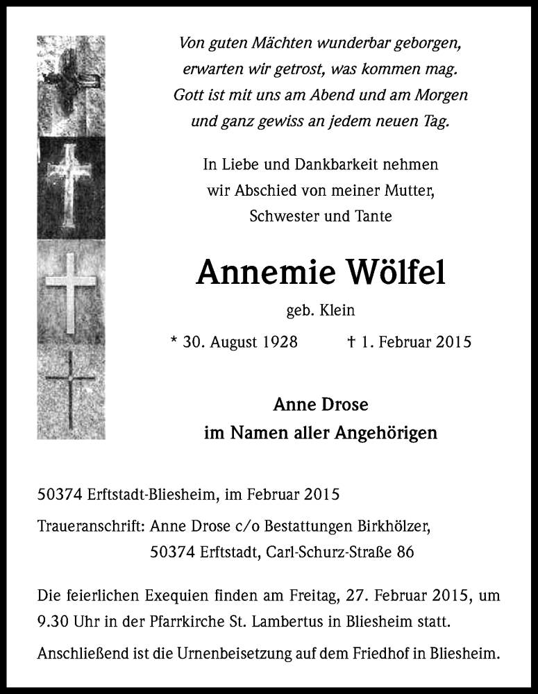  Traueranzeige für Annemie Wölfel vom 21.02.2015 aus Kölner Stadt-Anzeiger / Kölnische Rundschau / Express