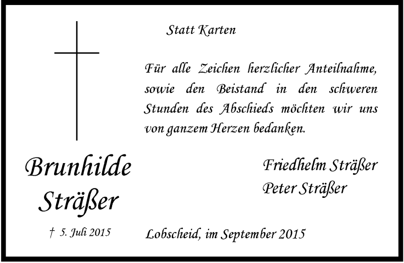  Traueranzeige für Brunhilde Sträßer vom 23.09.2015 aus  Anzeigen Echo 