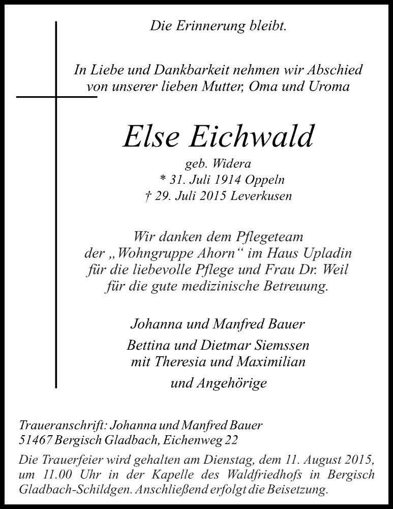  Traueranzeige für Else Eichwald vom 04.08.2015 aus Kölner Stadt-Anzeiger / Kölnische Rundschau / Express