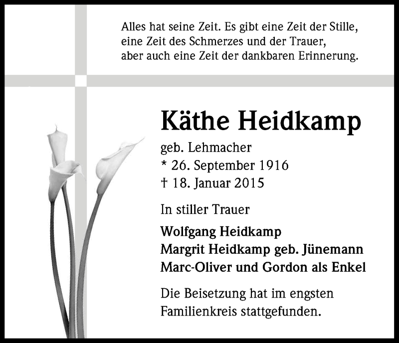  Traueranzeige für Käthe Heidkamp vom 07.02.2015 aus Kölner Stadt-Anzeiger / Kölnische Rundschau / Express