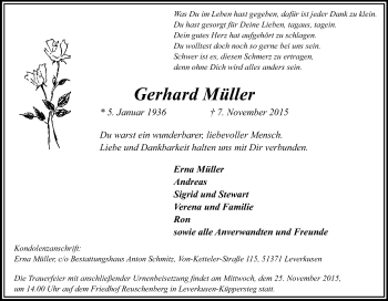 Anzeige von Gerhard Müller von Kölner Stadt-Anzeiger / Kölnische Rundschau / Express