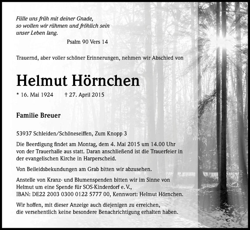  Traueranzeige für Helmut Hörnchen vom 29.04.2015 aus Kölner Stadt-Anzeiger / Kölnische Rundschau / Express