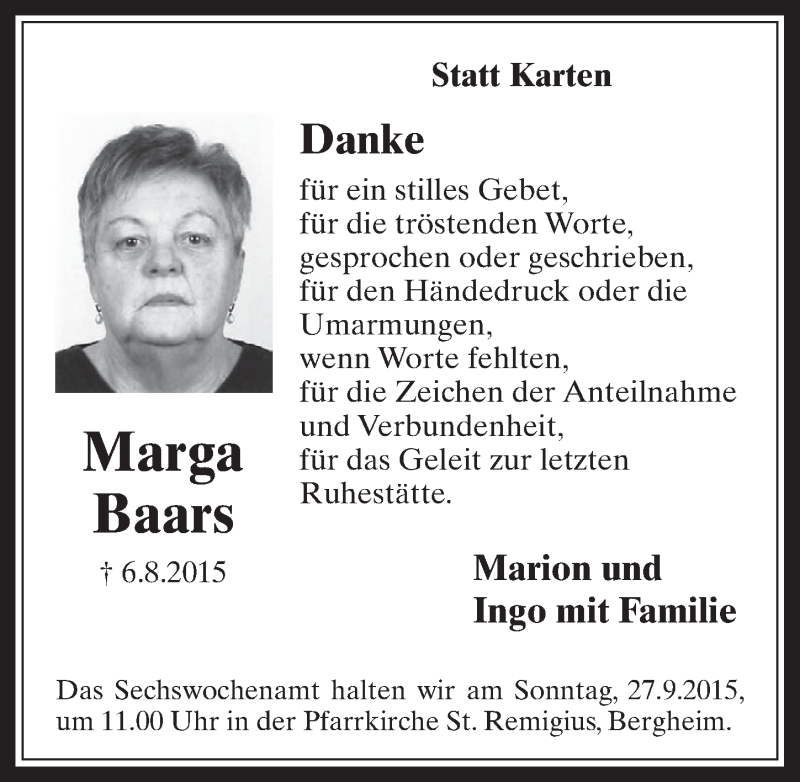  Traueranzeige für Marga Baars vom 23.09.2015 aus  Werbepost 