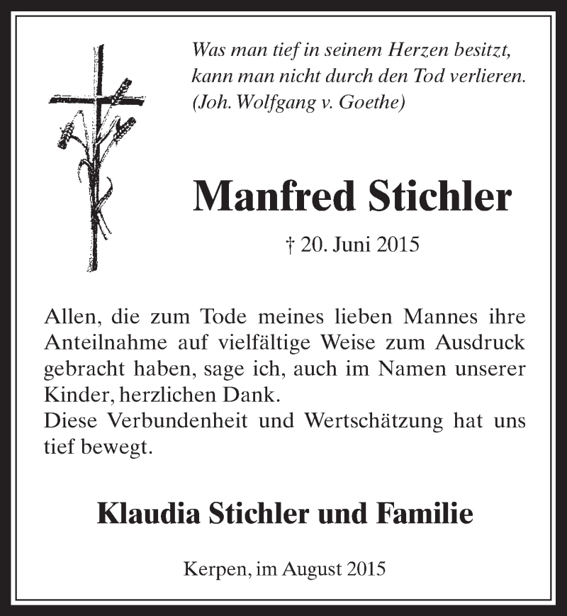  Traueranzeige für Manfred Stichler vom 19.08.2015 aus  Werbepost 