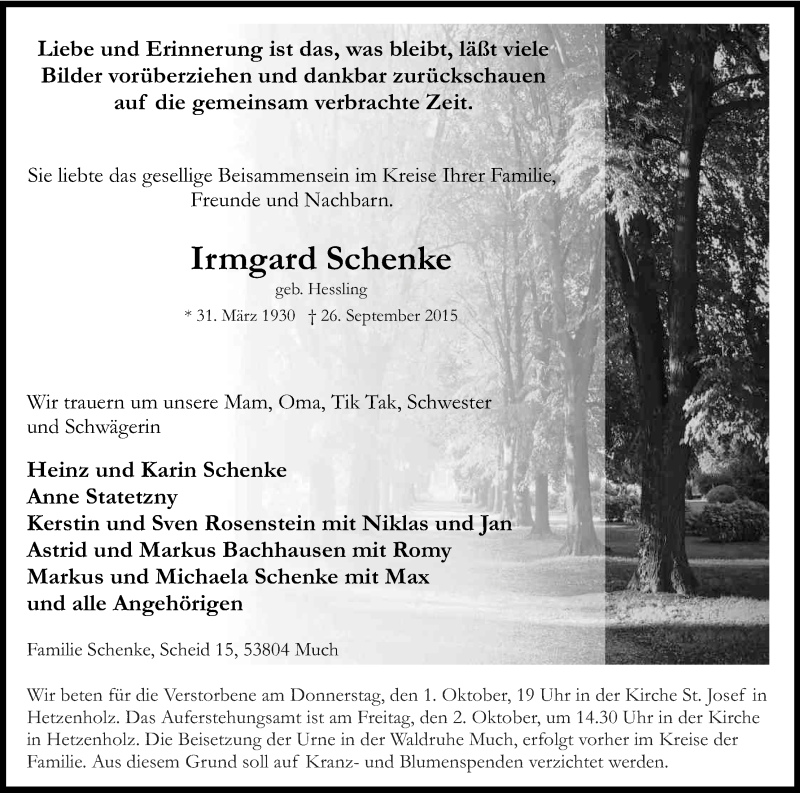  Traueranzeige für Irmgard Schenke vom 29.09.2015 aus Kölner Stadt-Anzeiger / Kölnische Rundschau / Express