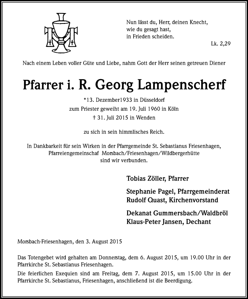  Traueranzeige für Georg  Lampenscherf vom 05.08.2015 aus Kölner Stadt-Anzeiger / Kölnische Rundschau / Express