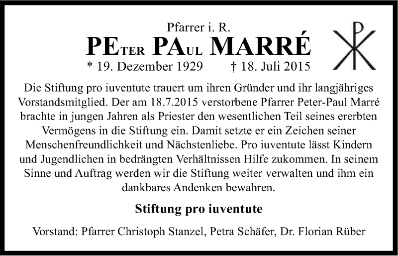  Traueranzeige für Peter Paul Marre vom 01.08.2015 aus Kölner Stadt-Anzeiger / Kölnische Rundschau / Express