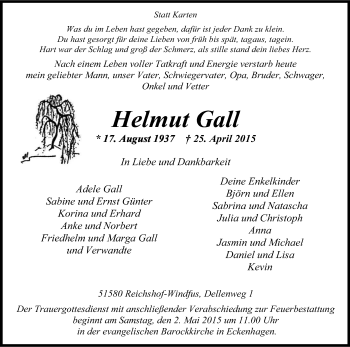 Anzeige von Helmut Gall von Kölner Stadt-Anzeiger / Kölnische Rundschau / Express