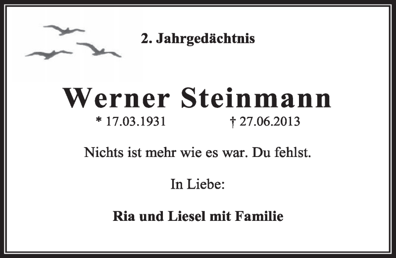  Traueranzeige für Werner Steinmann vom 27.06.2015 aus  Sonntags-Post 