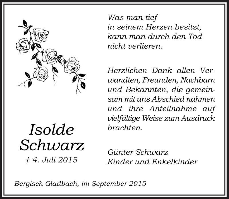  Traueranzeige für Isolde Schwarz vom 30.09.2015 aus  Bergisches Handelsblatt 