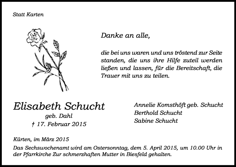  Traueranzeige für Elisabeth Schucht vom 28.03.2015 aus Kölner Stadt-Anzeiger / Kölnische Rundschau / Express