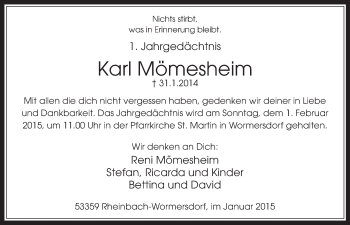 Anzeige von Karl Mömesheim von  Schaufenster/Blickpunkt 