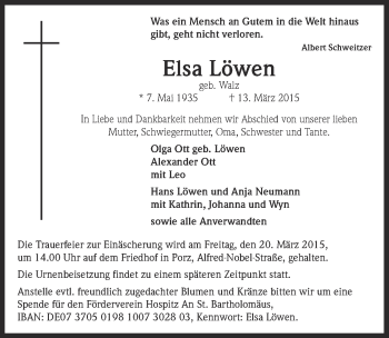 Anzeige von Elsa Löwen von  Kölner Wochenspiegel 