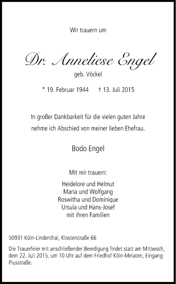 Anzeige von Anneliese Engel von Kölner Stadt-Anzeiger / Kölnische Rundschau / Express