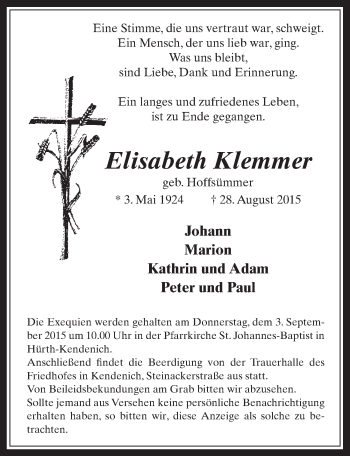 Anzeige von Elisabeth Klemmer von  Wochenende 