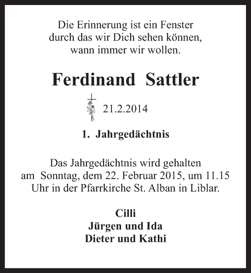  Traueranzeige für Ferdinand Sattler vom 18.02.2015 aus  Werbepost 