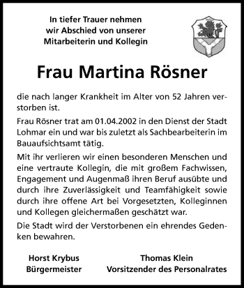 Anzeige von Martina Rösner von Kölner Stadt-Anzeiger / Kölnische Rundschau / Express