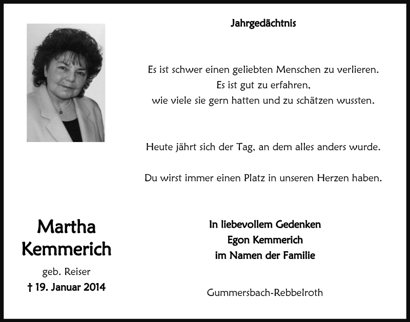 Traueranzeige für Martha Kemmerich vom 21.01.2015 aus  Anzeigen Echo 