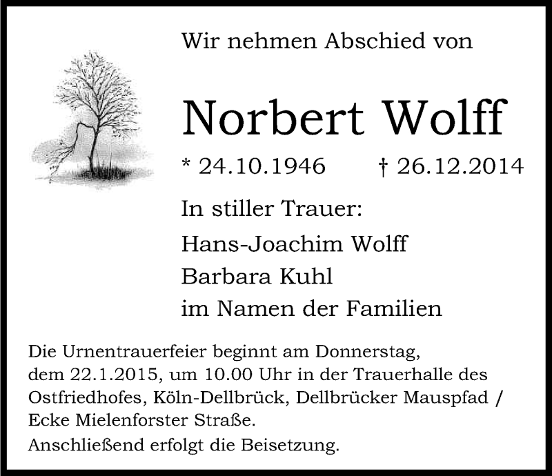  Traueranzeige für Norbert Wolff vom 17.01.2015 aus Kölner Stadt-Anzeiger / Kölnische Rundschau / Express