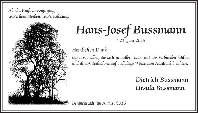  Traueranzeige für Hans-Josef Bussmann vom 05.08.2015 aus  Lokalanzeiger 