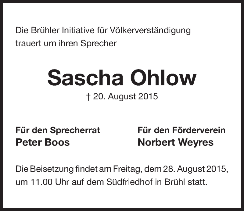  Traueranzeige für Sascha Ohlow vom 26.08.2015 aus  Schlossbote/Werbekurier 