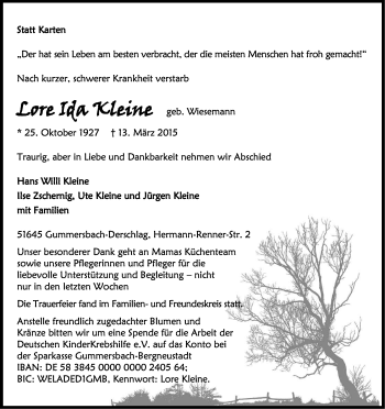 Anzeige von Lore Ida Kleine von Kölner Stadt-Anzeiger / Kölnische Rundschau / Express