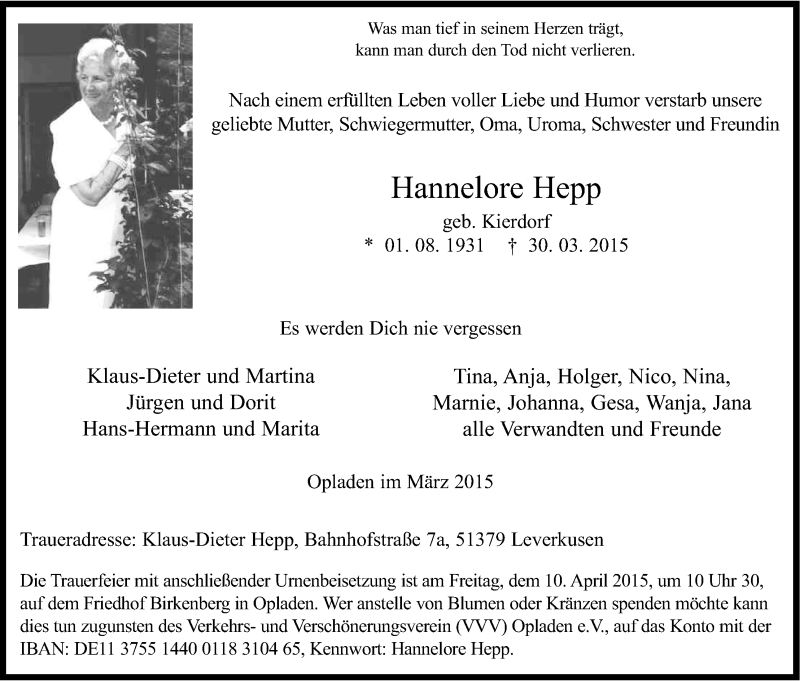 Traueranzeige für Hannelore Hepp vom 04.04.2015 aus Kölner Stadt-Anzeiger / Kölnische Rundschau / Express