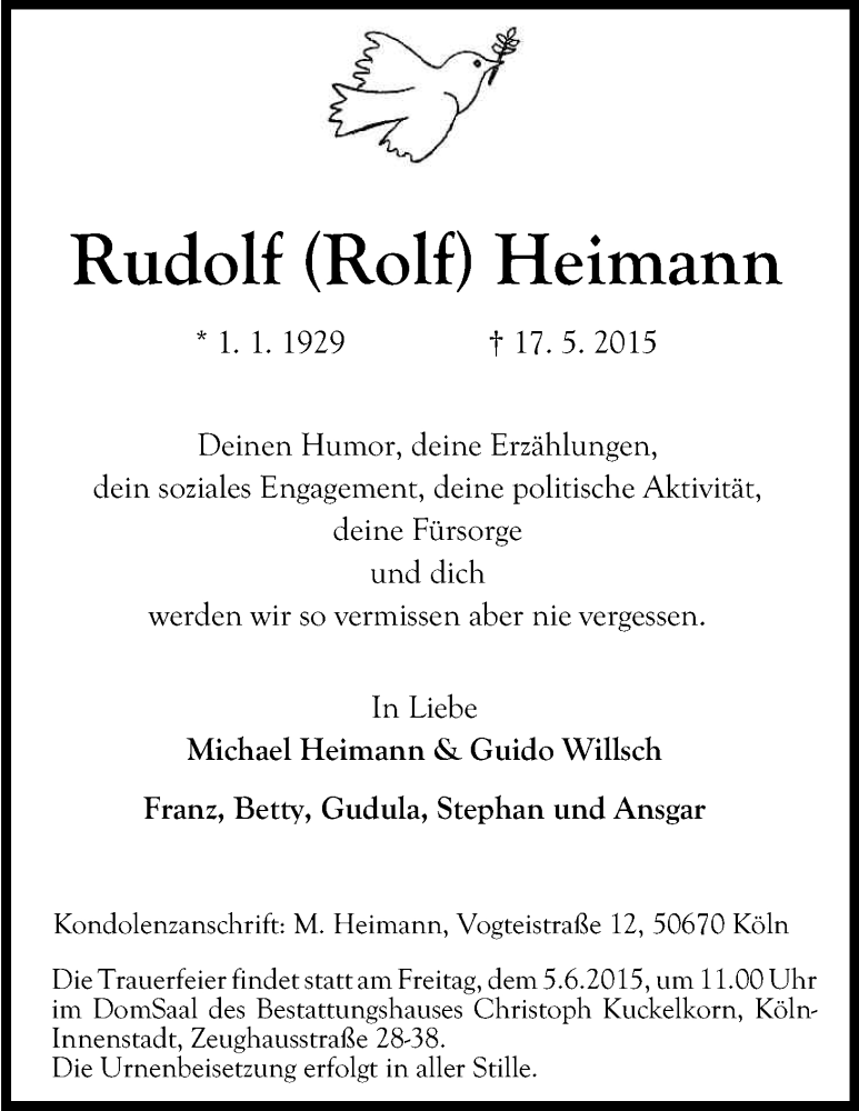  Traueranzeige für Rudolf Heimann vom 27.05.2015 aus Kölner Stadt-Anzeiger / Kölnische Rundschau / Express