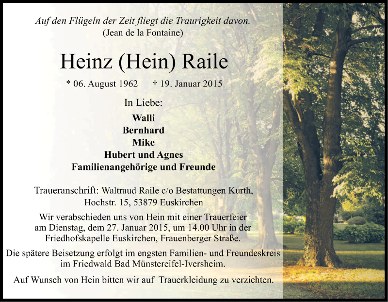  Traueranzeige für Heinz  Raile vom 24.01.2015 aus Kölner Stadt-Anzeiger / Kölnische Rundschau / Express