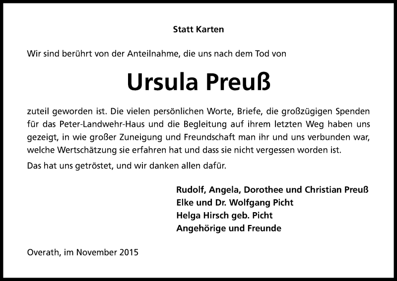  Traueranzeige für Ursula Preuß vom 25.11.2015 aus Kölner Stadt-Anzeiger / Kölnische Rundschau / Express