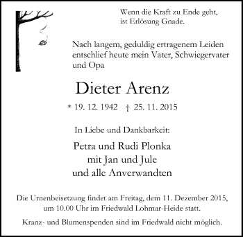 Anzeige von Dieter Arenz von  Kölner Wochenspiegel 