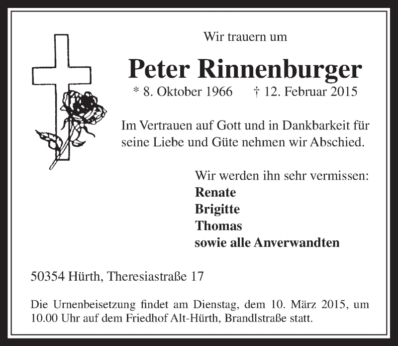  Traueranzeige für Peter Rinneburger vom 04.03.2015 aus  Wochenende 