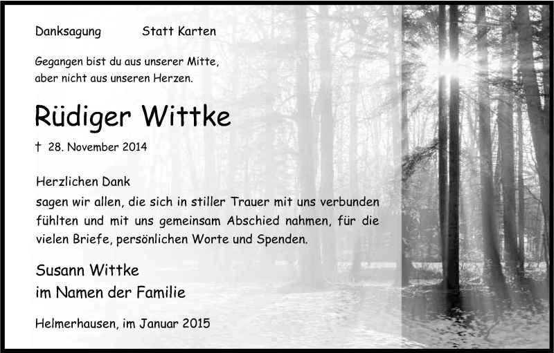 Traueranzeige für Rüdiger Wittke vom 17.01.2015 aus Kölner Stadt-Anzeiger / Kölnische Rundschau / Express