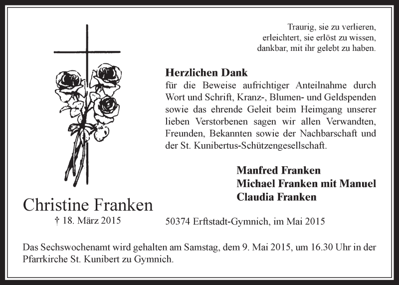  Traueranzeige für Christine Franken vom 06.05.2015 aus  Werbepost 