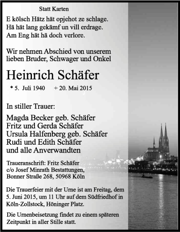 Anzeige von Heinrich Schäfer von Kölner Stadt-Anzeiger / Kölnische Rundschau / Express