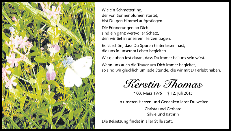  Traueranzeige für Kerstin Thomas vom 18.07.2015 aus Kölner Stadt-Anzeiger / Kölnische Rundschau / Express