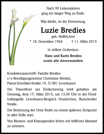 Anzeige von Luzie Bredies von Kölner Stadt-Anzeiger / Kölnische Rundschau / Express