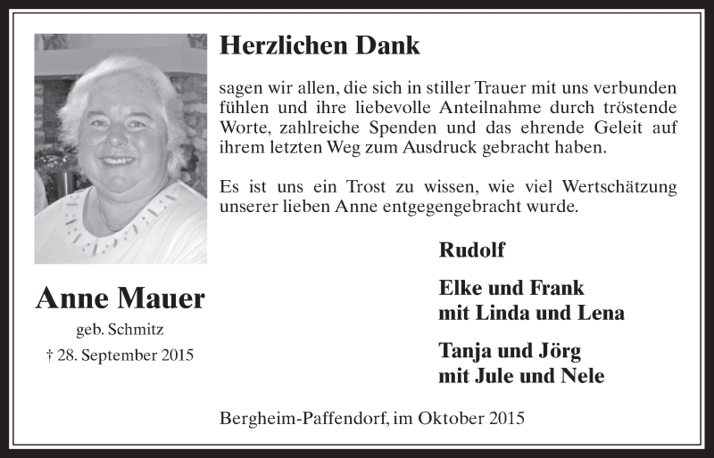  Traueranzeige für Anne Mauer vom 28.10.2015 aus  Werbepost 