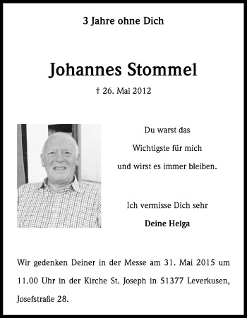 Anzeige von Johannes Stommel von Kölner Stadt-Anzeiger / Kölnische Rundschau / Express