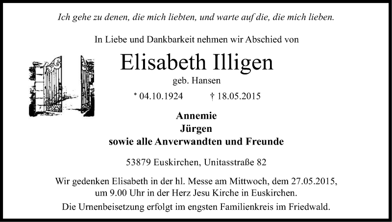  Traueranzeige für Elisabeth Illigen vom 23.05.2015 aus Kölner Stadt-Anzeiger / Kölnische Rundschau / Express